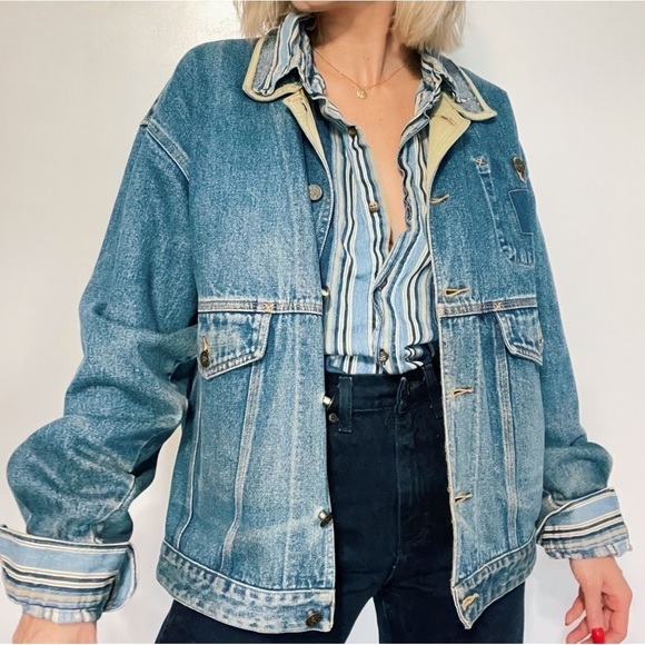 VINTAGE | Oversized Slouchy Pinstripe Button Down Denim Jean Shirt Top - Picture 2 of 7